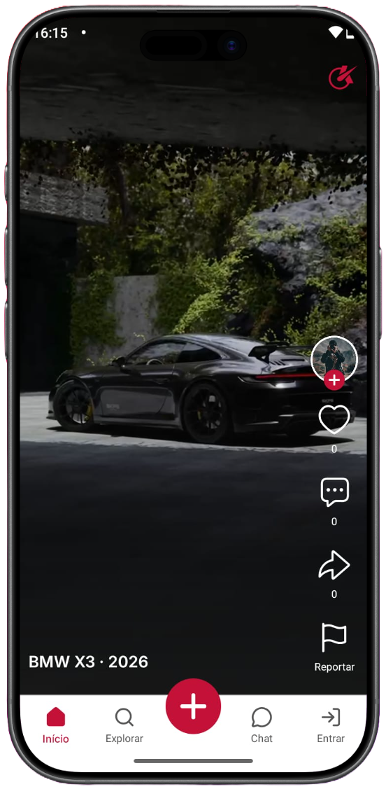 Tela inicial do app Krros mostrando o feed com vídeos de carros